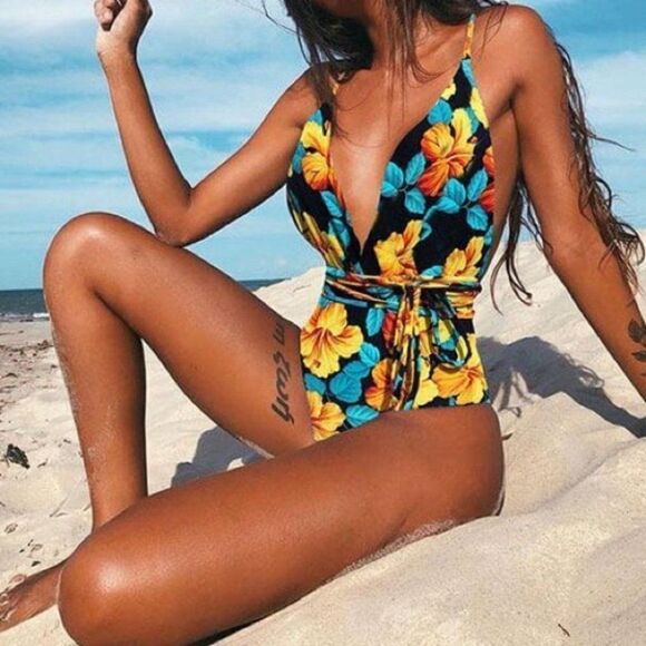 Floral Multi Way Swimsuit Tropical Waist tie Open Back - Picture 1 of 12